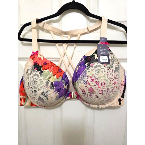 NWT CACIQUE Floral Lace Push-Up Bra Strappy Back Design Beige Multi-Color Adjust - Picture 2 of 8